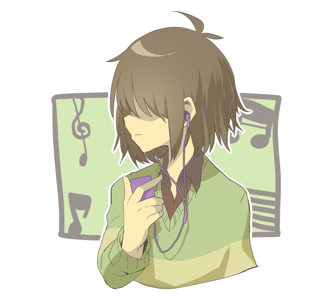 1other, airpods, antenna_hair, brown_hair, closed_mouth, collared_sweater, colored_skin, cropped_torso
