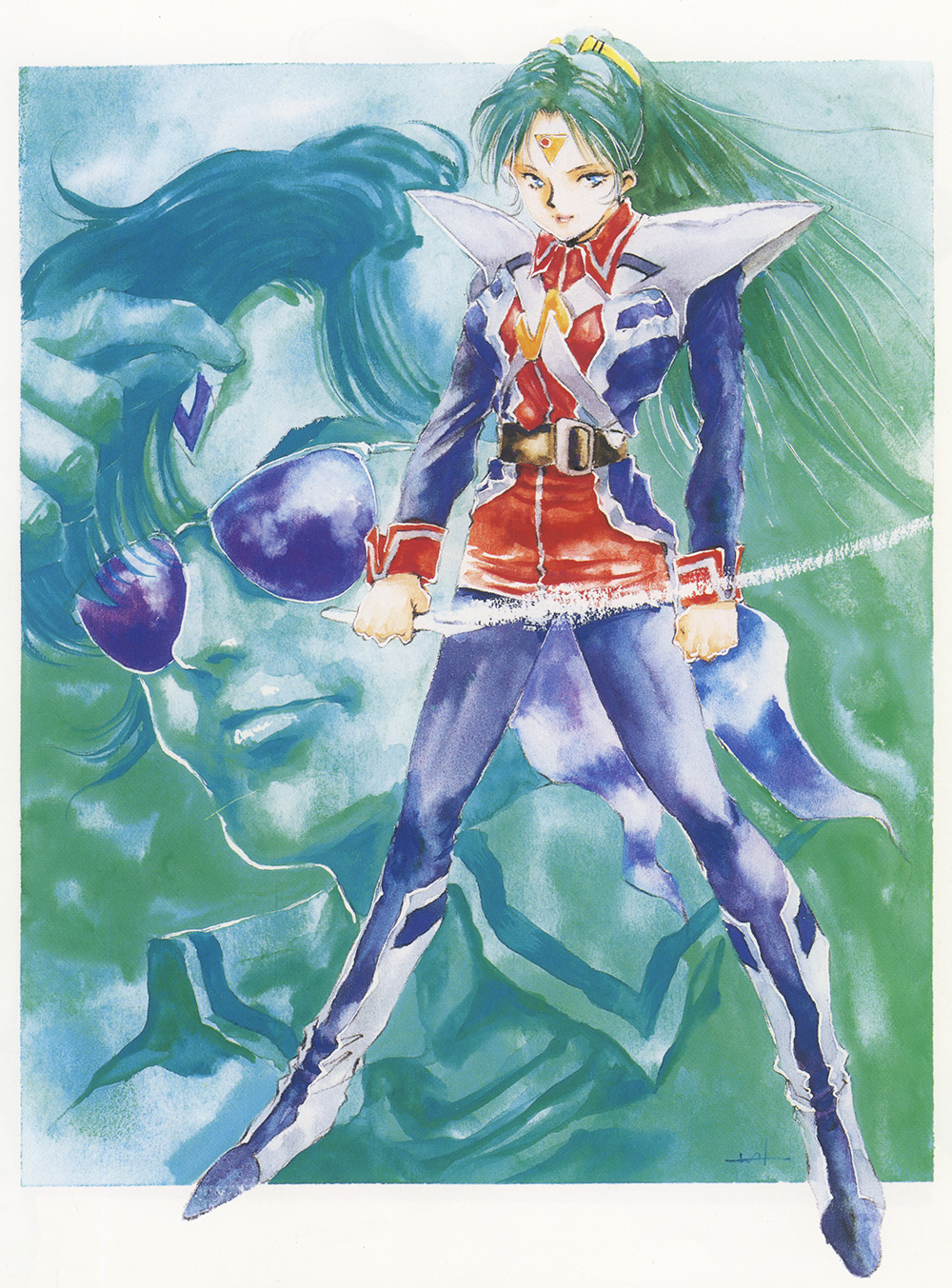 1980s_(style), 1boy, 1girl, athena_henderson, boots, chiram, choujikuu_seiki_orguss, energy_sword