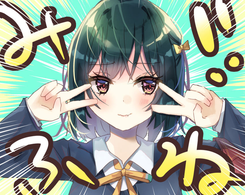 1girl, black_jacket, blush, closed_mouth, collared_shirt, commentary_request, double_v, emotional_engine_-_full_drive