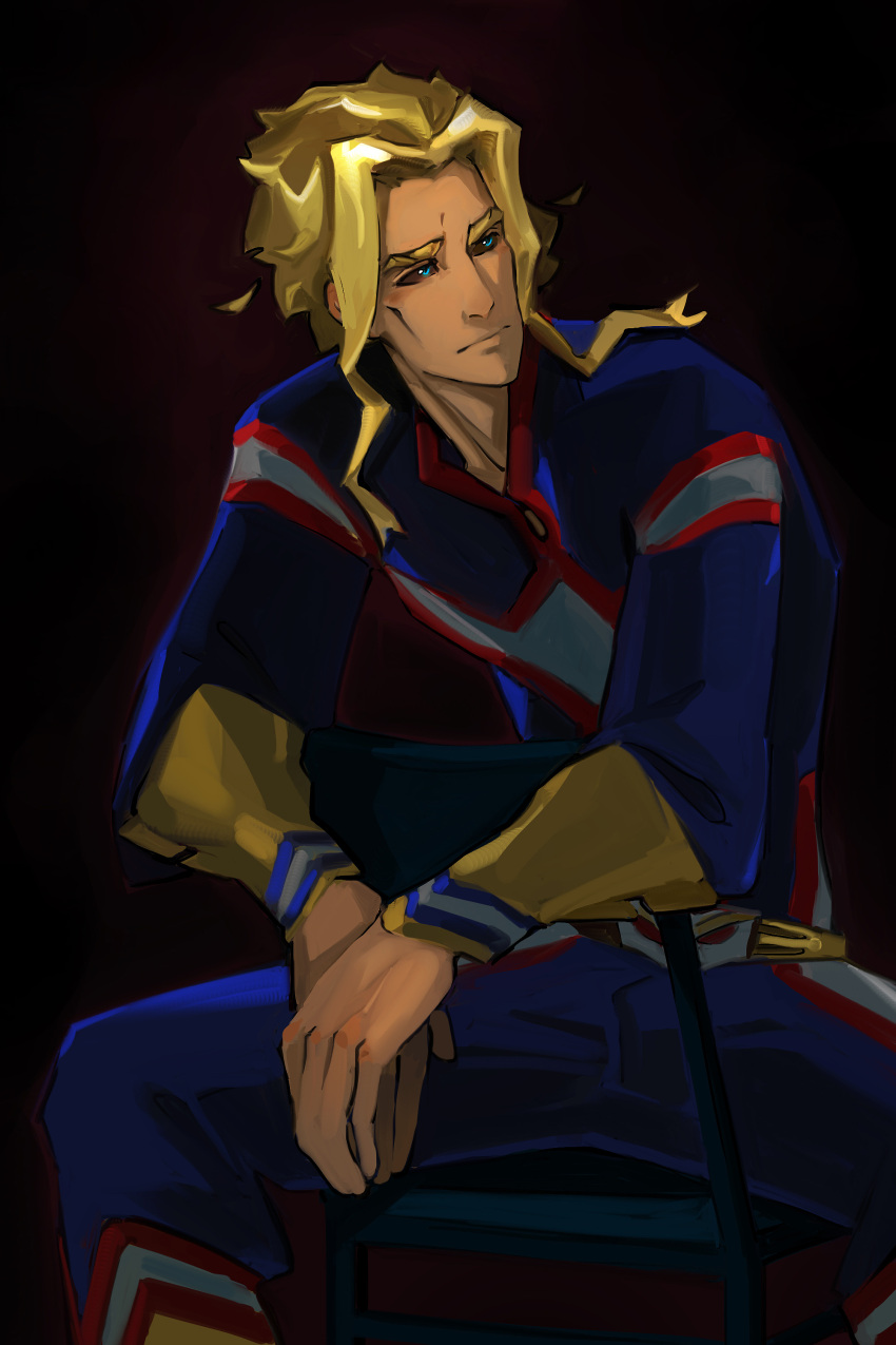 1boy, absurdres, black_sclera, blonde_hair, blue_bodysuit, blue_eyes, bodysuit, boku_no_hero_academia, chair, closed_mouth, colored_sclera, english_commentary, freesilverwind, highres, long_sleeves, looking_to_the_side, male_focus, short_hair, sitting, sitting_backwards, solo, spread_legs, yagi_toshinori