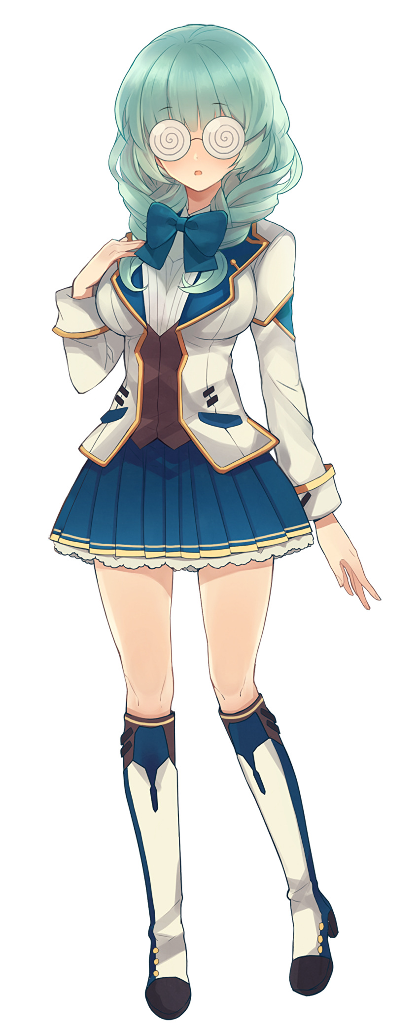 1girl, absurdres, aqua_hair, black_footwear, blue_bow, blue_bowtie, blue_footwear, blue_skirt, boots, bow, bowtie, braid, breasts, coke-bottle_glasses, dot_nose, full_body, glasses, gold_trim, hand_on_own_chest, high_heels, highres, knee_boots, lacis_(master_of_eternity), large_breasts, looking_at_viewer, master_of_eternity, medium_hair, multicolored_footwear, official_art, opaque_glasses, open_mouth, round_eyewear, school_uniform, skirt, solo, tachi-e, third-party_source, transparent_background, twin_braids, white_footwear, white_uniform