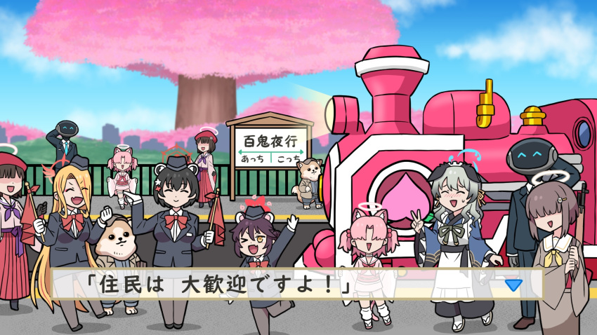 >_o, 6+girls, ^_^, animal_ear_fluff, animal_ears, apron, arm_up, black_hat