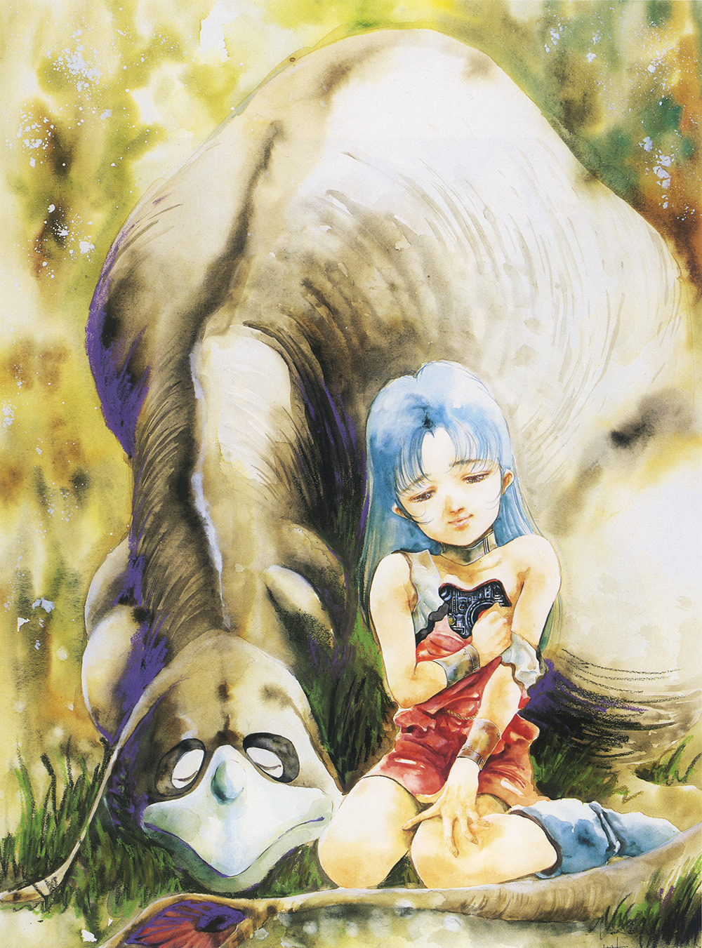 1980s_(style), 1girl, android, blue_hair, boots, bracelet, child, choujikuu_seiki_orguss