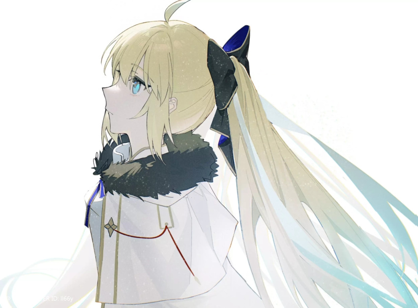 1girl, ahoge, black_footwear, blonde_hair, blue_bow, blue_bowtie, blue_eyes, bow