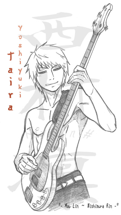 1boy, abs, bass_guitar, beck, character_name, greyscale, instrument, male_focus