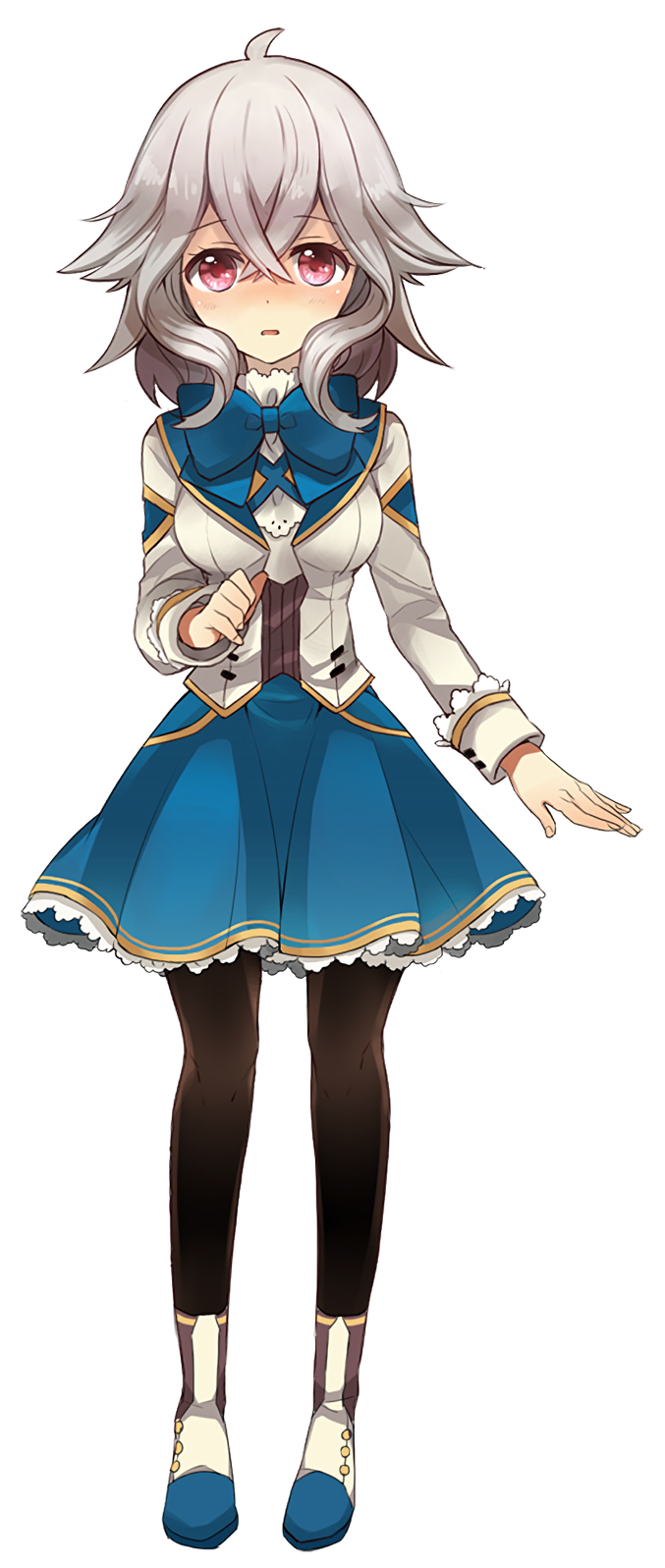 1girl, ahoge, black_pantyhose, blue_bow, blue_bowtie, blue_footwear, blue_skirt, bow, bowtie, breasts, dot_nose, grey_footwear, grey_hair, hair_between_eyes, hand_up, highres, lita_(master_of_eternity), master_of_eternity, medium_breasts, medium_hair, multicolored_footwear, official_art, pantyhose, parted_lips, petite, red_eyes, school_uniform, shoes, sidelocks, skirt, solo, straight-on, tachi-e, third-party_source, transparent_background, white_footwear, white_uniform