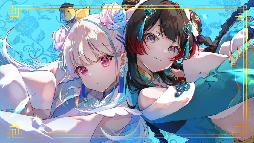 2girls, :t, alternate_costume, alternate_hairstyle, animal_on_head, back-to-back, bird, bird_on_head, black_hair, black_hat, blue_background, blue_bow, blue_collar, blue_eyes, blue_hair, blue_hat, blue_nails, blue_shirt, blue_tassel, blunt_bangs, border, bow, bow_legwear, braided_hair_rings, bun_cover, chick, chinese_clothes, closed_eyes, closed_mouth, clothing_cutout, collar, colored_inner_hair, detached_collar, double_bun, earrings, eyelashes, fffafa_daifuku, fingernails, floral_background, flower_knot, gradient_hair, grey_hair, hair_bun, hair_intakes, hair_ornament, hair_rings, hashtag_only_commentary, hat, highres, jewelry, jiangshi_costume, knees_to_chest, knees_up, lize_helesta, long_hair, long_sleeves, looking_at_viewer, looking_to_the_side, multicolored_hair, multiple_girls, nail_polish, nijisanji, official_alternate_costume, official_alternate_hairstyle, ofuda, on_head, ornate_border, outside_border, pout, qingdai_guanmao, redhead, sebastian_piyodore, shirt, shoulder_cutout, sleeves_past_wrists, smile, streaked_hair, swept_bangs, thigh-highs, tsukino_mito, tsukino_mito_(china_dress), turning_head, two-tone_hair, two-tone_hat, violet_eyes, virtual_youtuber, white_thighhighs, wing_hair_ornament, yellow_border