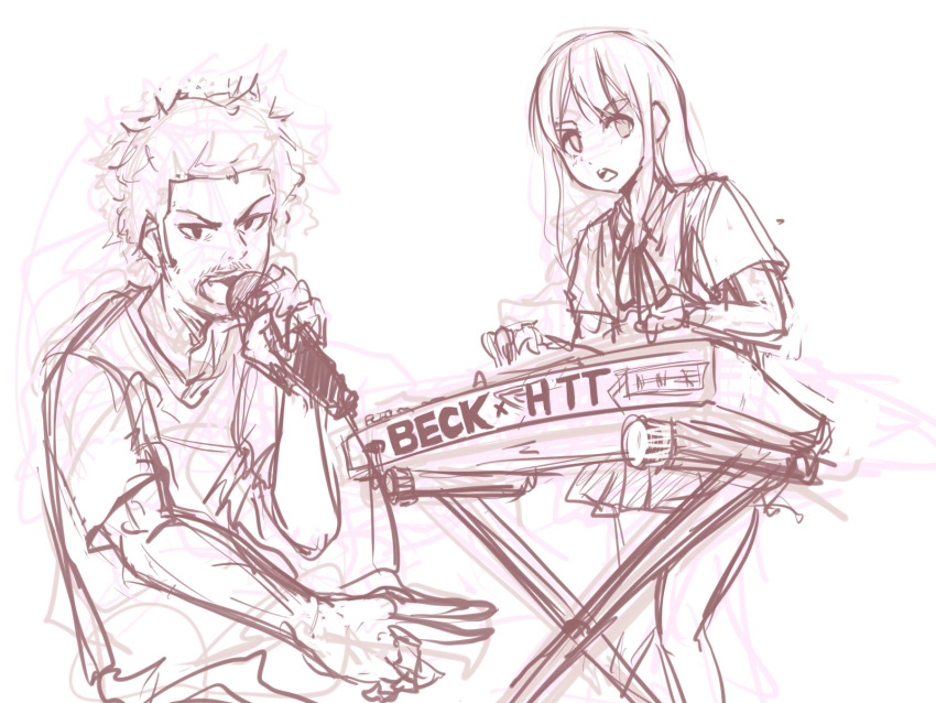 1boy, 1girl, beck, chiba_tsunemi, copyright_name, crossover, facial_hair, greyscale