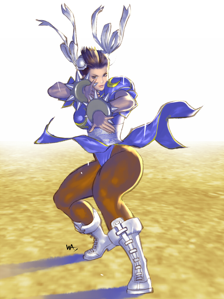 bracelet, brown_hair, brown_pantyhose, bun_cover, capcom, china_dress, chinese_clothes, chun-li
