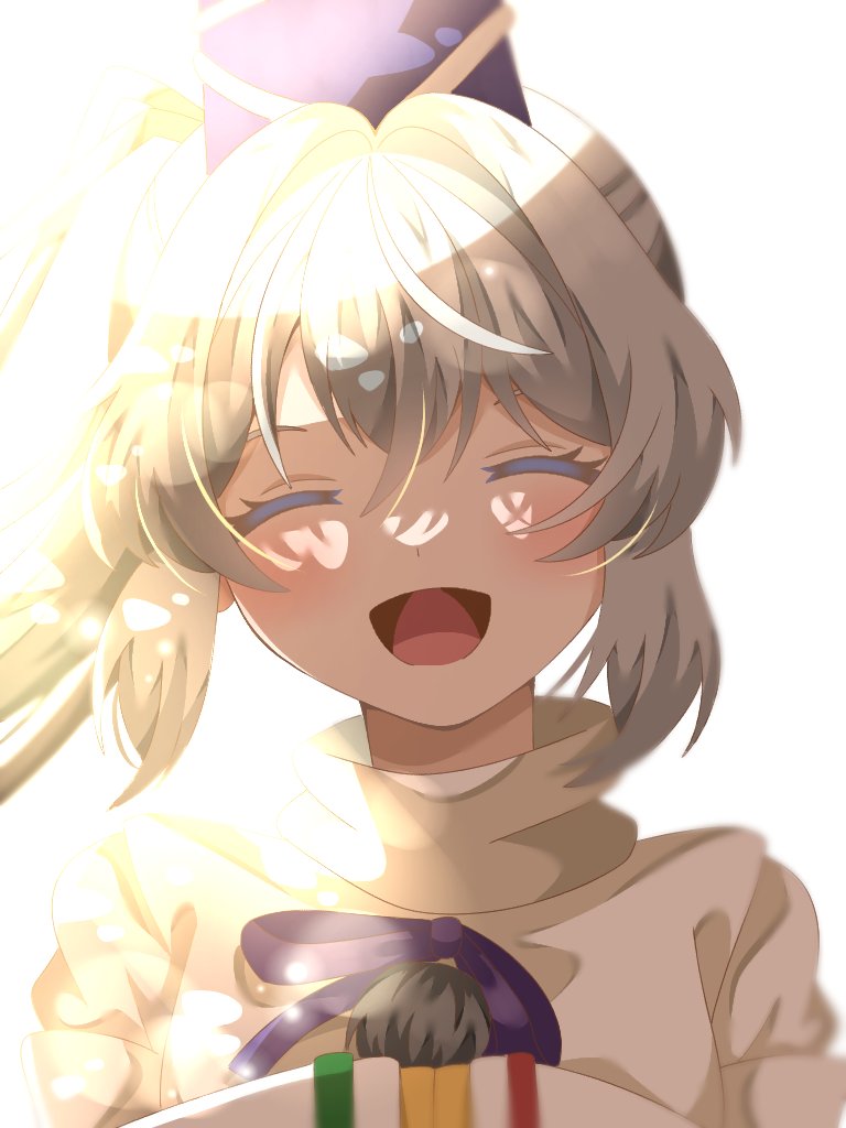 1girl, blush, closed_eyes, commentary, facing_viewer, hat, kanzaki_tsuki, mononobe_no_futo, open_mouth, pom_pom_(clothes), simple_background, solo, tate_eboshi, touhou, upper_body, white_background