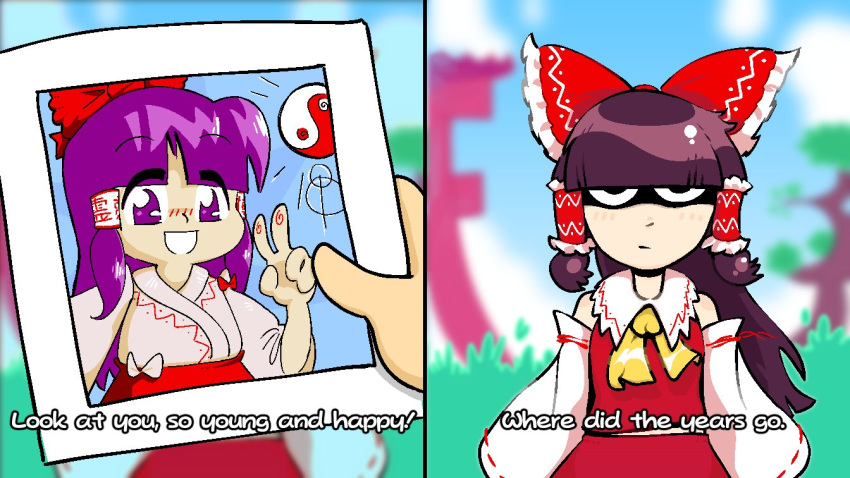 1girl, black_hair, blunt_bangs, blurry, blurry_background, bow, detached_sleeves, english_text