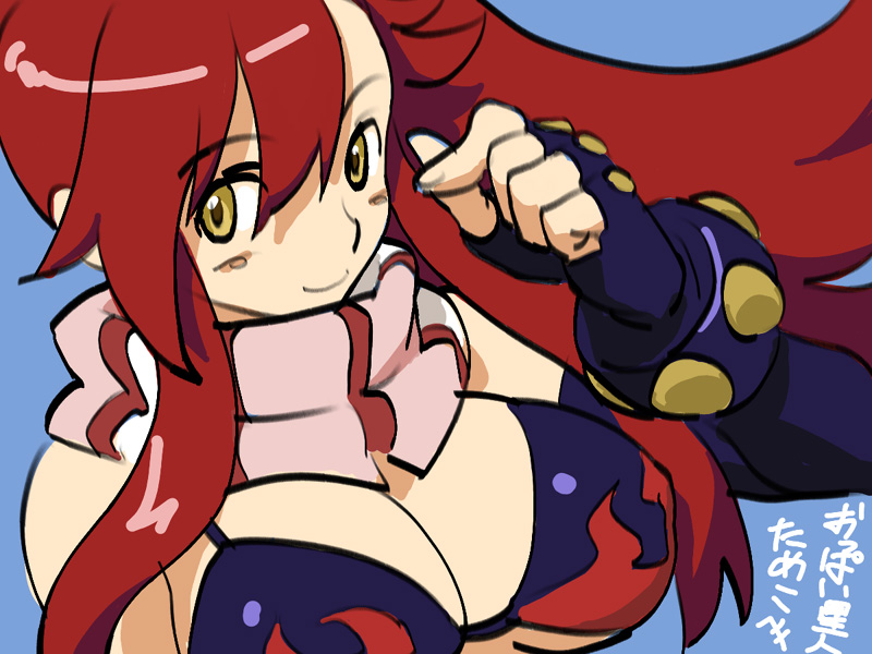 breasts, cleavage, fingerless_gloves, gloves, large_breasts, long_hair, meranie, red_hair, redhead, scarf, striped, striped_scarf, tengen_toppa_gurren_lagann, underboob, yellow_eyes, yoko_littner
