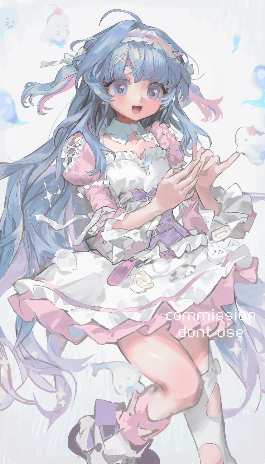 1girl, :d, absurdres, ahoge, blue_eyes, blue_hair, commission, diurtion