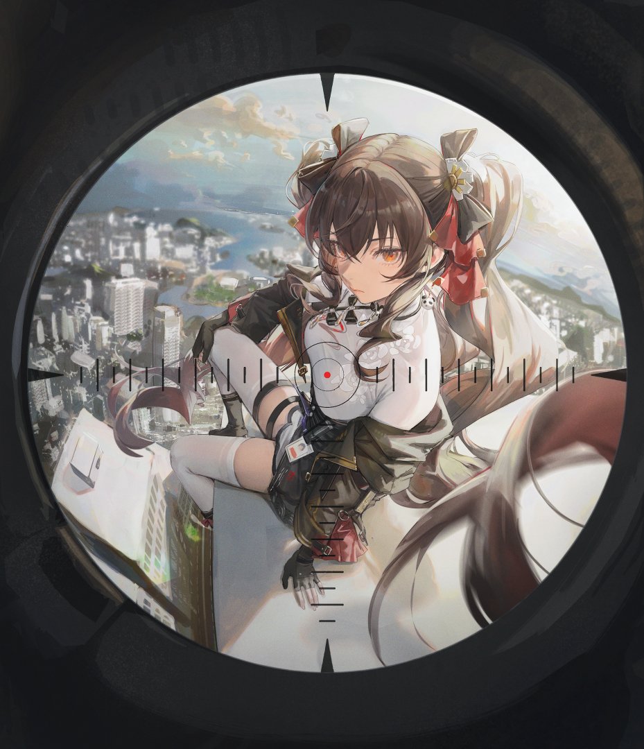 1girl, breasts, brown_hair, building, closed_mouth, crossed_bangs, crosshair, douya_(233), fingerless_gloves, girls'_frontline_neural_cloud, girls_frontline, gloves, hair_ribbon, id_card, jiangyu_(neural_cloud), large_breasts, long_hair, looking_at_viewer, looking_through_scope, off_shoulder, orange_eyes, red_ribbon, ribbon, sitting, solo, thigh-highs, twintails, white_thighhighs