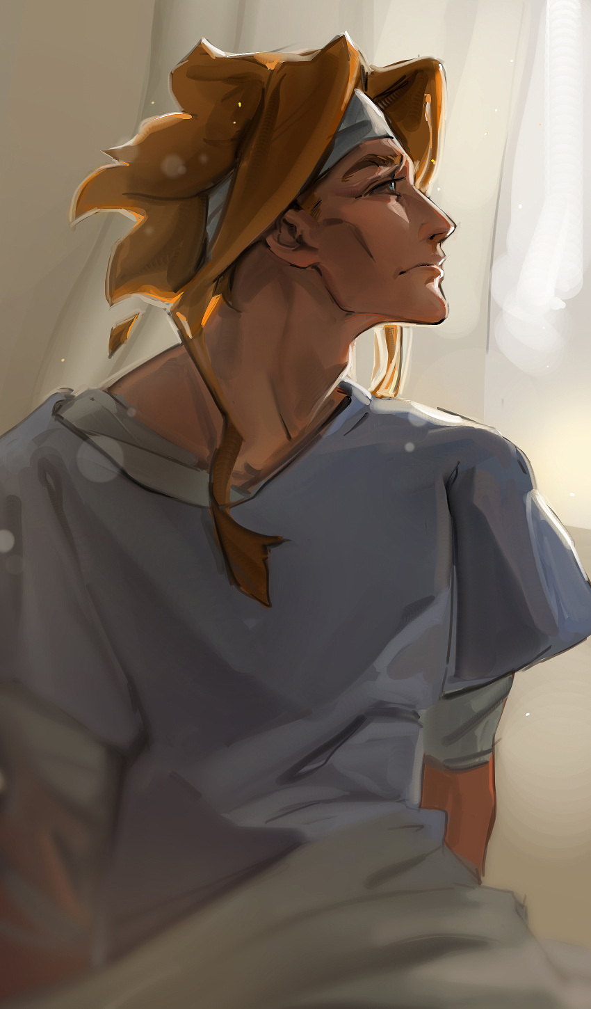1boy, absurdres, adam's_apple, bandaged_chest, bandaged_head, bandages, black_sclera, blonde_hair