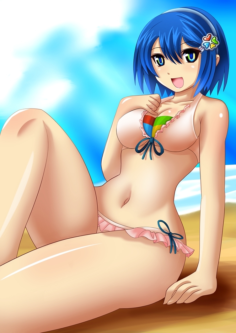 1girl, 7, bikini, blue_eyes, blue_hair, hair_ornament, hairband, madobe_nanami