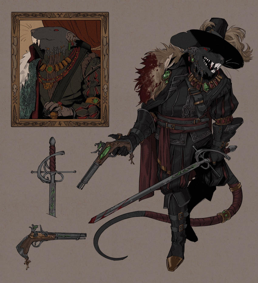 1boy, black_footwear, black_gloves, black_pants, black_shirt, blood, blood_on_clothes, boots, earrings, elbow_gloves, fangs, fantasy, full_body, fur_trim, gem, gloves, green_brooch, green_gemstone, gun, hat_feather, highres, holding, holding_gun, holding_sword, holding_weapon, jewelry, juliet_sleeves, knee_boots, long_sleeves, mouse, multiple_earrings, multiple_rings, necklace, open_mouth, pants, portrait_(object), puffy_sleeves, rat_boy, red_eyes, red_sash, ring, sallllltywater, sash, sharp_teeth, shirt, skaven, smile, sword, tail, tail_ornament, teeth, vampire, warhammer_fantasy, weapon