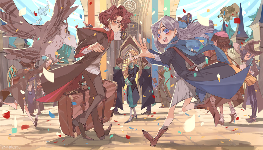 6+boys, 6+girls, animal, bird, black_hat, black_pants, black_robe, blonde_hair