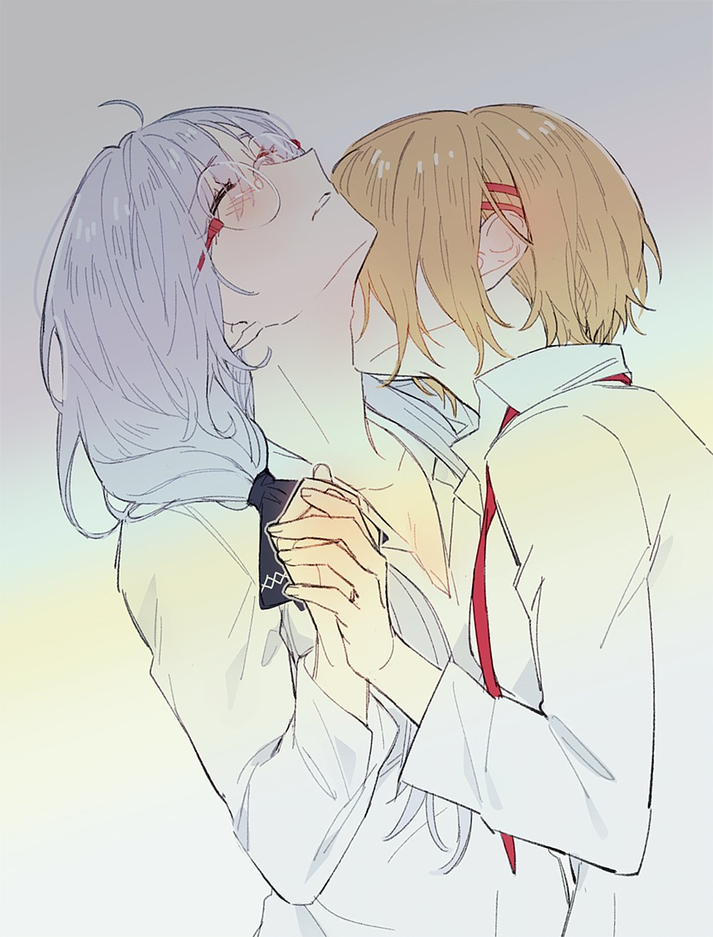 2girls, blonde_hair, blush, breasts, chanmi_159160, collarbone, collared_shirt, hair_over_one_eye