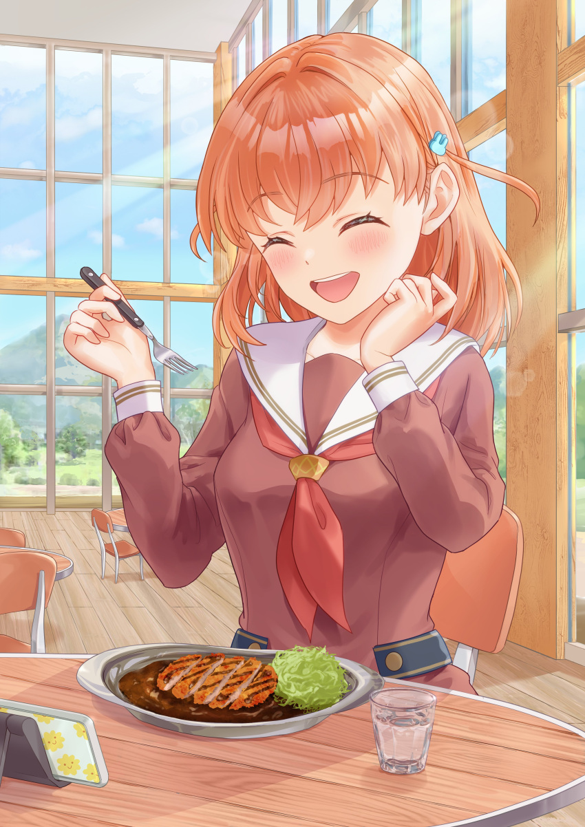1girl, ^_^, absurdres, blush, brown_dress, cafeteria, cellphone, closed_eyes