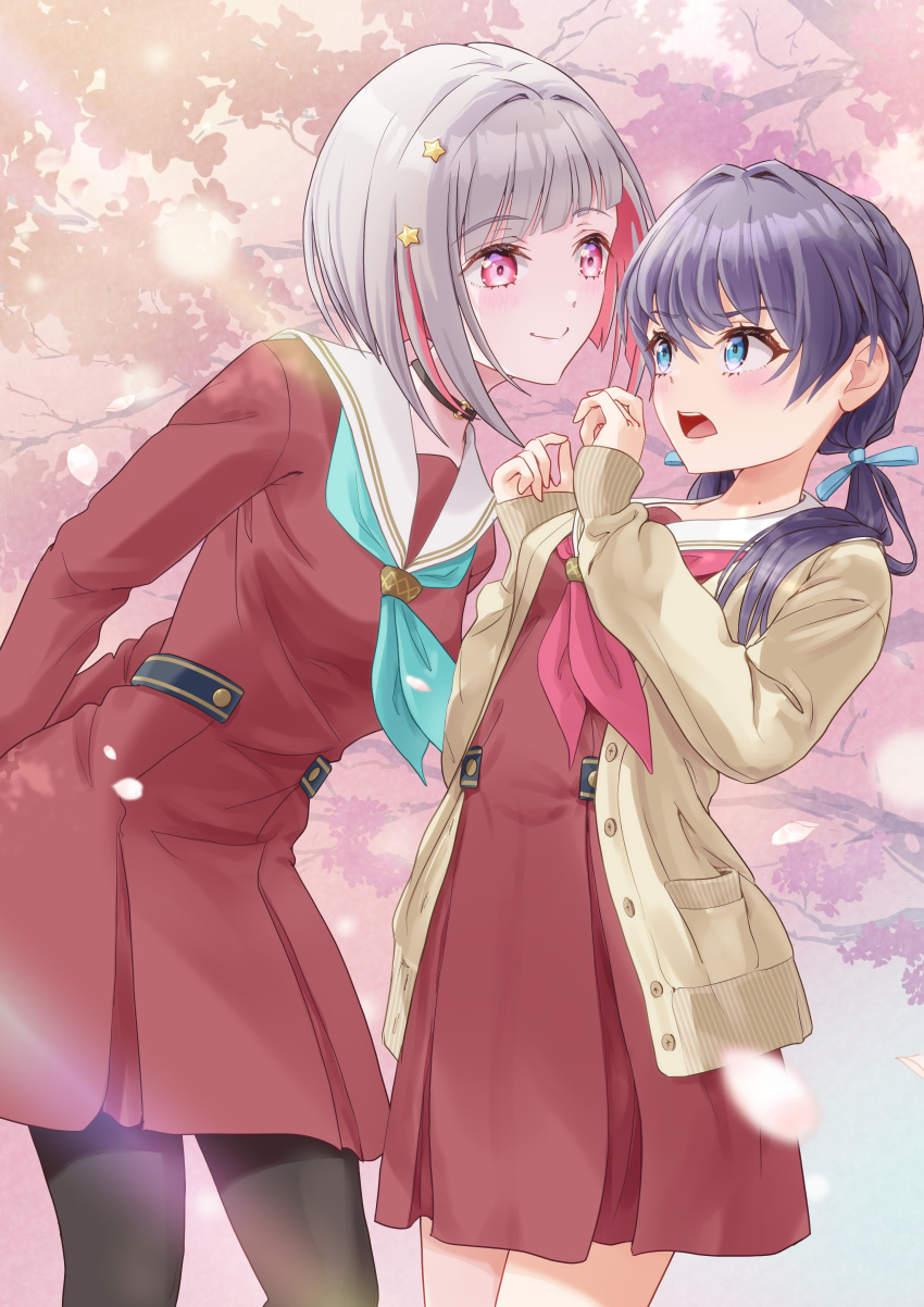 2girls, absurdres, arms_behind_back, black_choker, black_pantyhose, blue_eyes, blue_hair, blurry