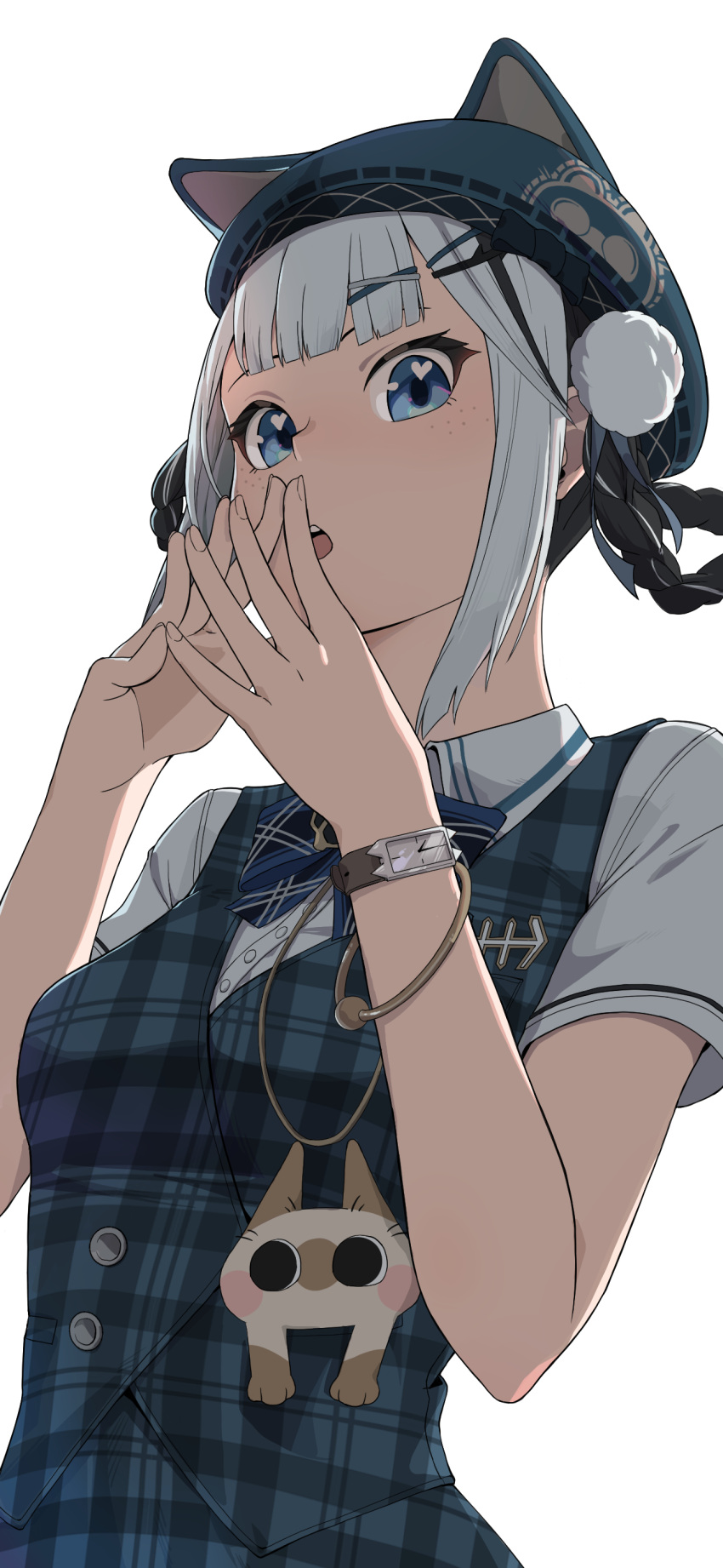 1girl, absurdres, animal_ear_headwear, animal_print, bambinata_(punishing:_gray_raven), beret, black_hair, blue_bow