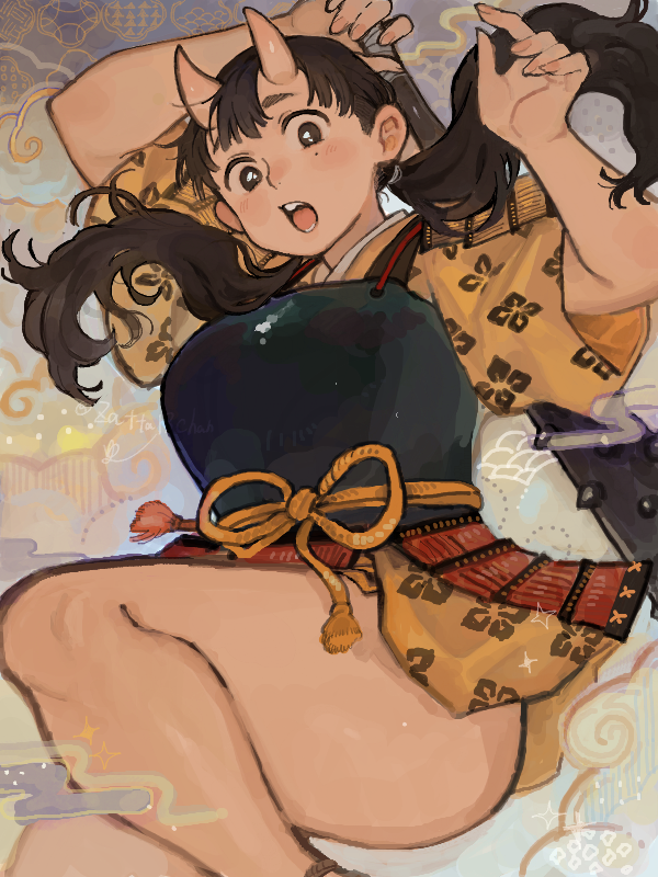 1girl, :o, armor, black_eyes, black_hair, blunt_bangs, breastplate, chipped_tooth