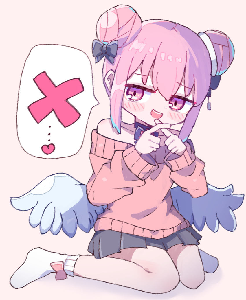 1girl, angel_wings, bare_shoulders, black_bow, black_skirt, blue_hair, blush, bow