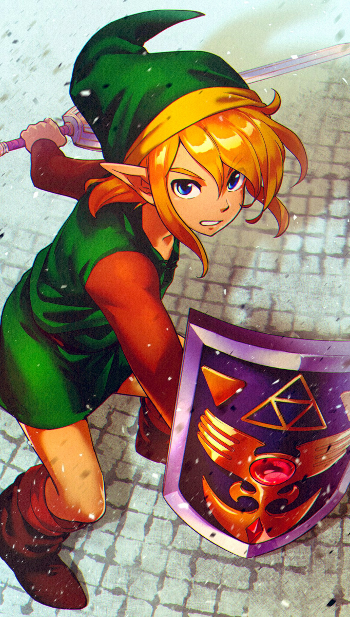 1boy, blonde_hair, blue_eyes, boots, brown_footwear, brown_shirt, fighting_stance, gogoheaven_welcomehell, green_tunic, hat, highres, holding, holding_shield, holding_sword, holding_weapon, light_particles, link, looking_at_viewer, male_focus, pointy_ears, shield, shirt, solo, sword, the_legend_of_zelda, the_legend_of_zelda:_a_link_to_the_past, weapon