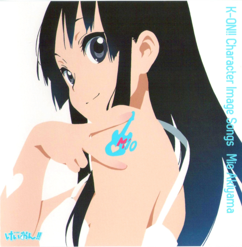 1girl, akiyama_mio, album_cover, bare_shoulders, black_hair, bodypaint, character_single, cover