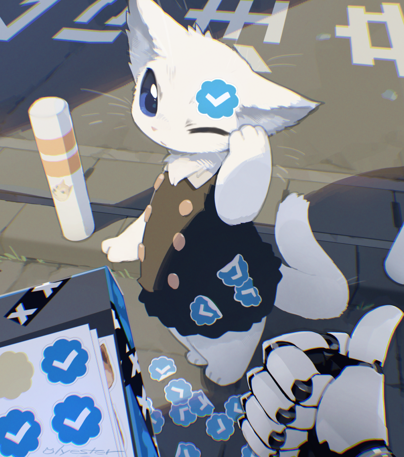 android, animal_ears, black_dress, blue_eyes, buttons, cat_ears, cat_tail, chromatic_aberration, doge, dress, english_commentary, furry, meme, nagasaki_wonderful, one_eye_closed, optimus_(tesla), original, pole, real_life, signature, solo_focus, standing, sticker, tail, tesla_(company), thumbs_up, twitter, twitter_verified_checkmark, whiskers