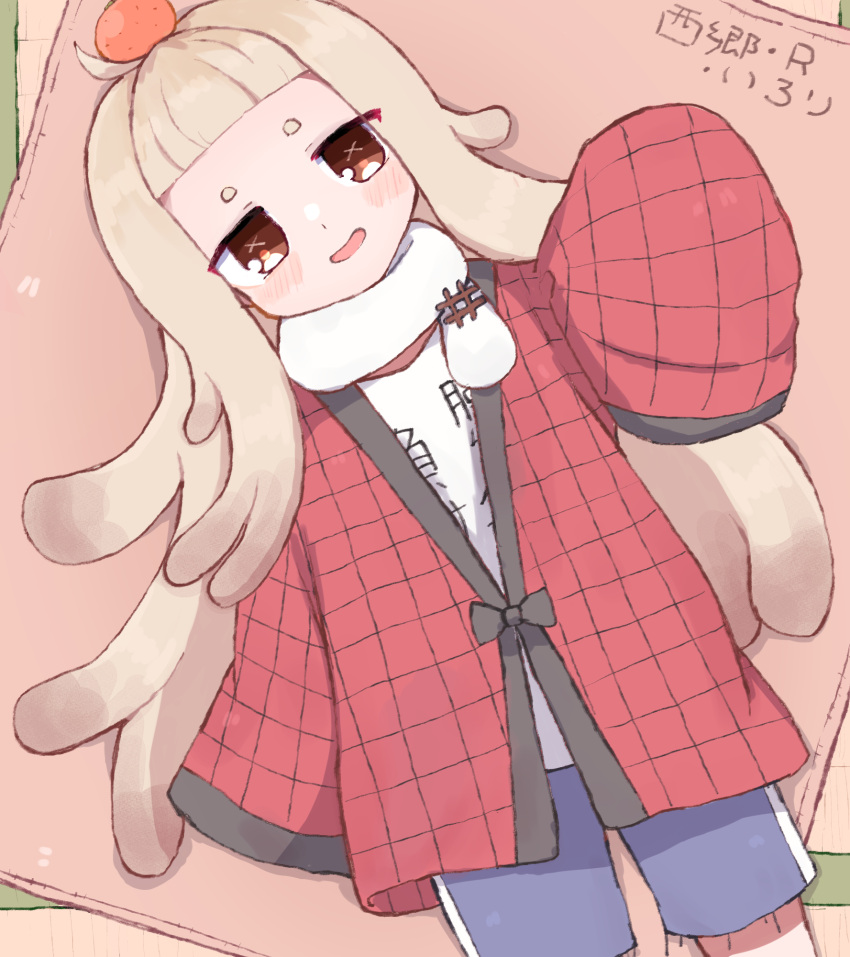 1girl, ahoge, blonde_hair, blue_shorts, blunt_bangs, brown_eyes, commentary_request, cross_in_eye