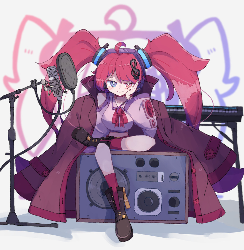 1girl, absurdres, ahoge, bare_shoulders, belt, black_footwear, blue_eyes, blush, boots, bow, bowtie, closed_mouth, clothing_cutout, coat, coat_on_shoulders, collarbone, colored_tips, commentary_request, crop_top, crossed_legs, hair_ornament, hand_on_own_face, head_rest, headphones, heterochromia, highres, instrument, keyboard_(instrument), long_hair, long_sleeves, looking_at_viewer, microphone, microphone_stand, midriff, multicolored_hair, musical_note, musical_note_hair_ornament, original, pop_filter, purple_hair, red_belt, red_bow, red_bowtie, red_coat, red_eyes, red_socks, redhead, sasugane_watashi, shoulder_cutout, sitting, socks, solo, speaker, twintails, very_long_hair, white_background, wide_sleeves