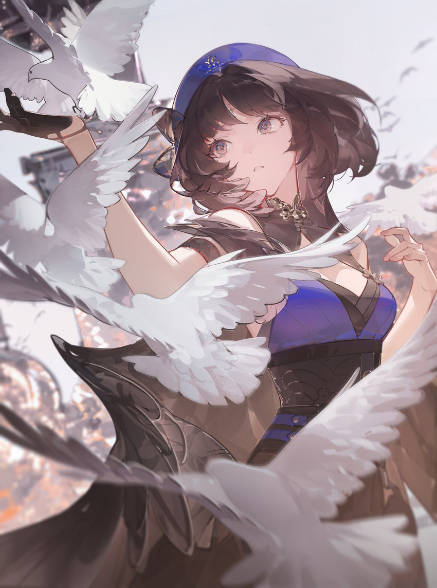 1girl, arm_strap, armband, bare_shoulders, bird, black_armband, black_gloves, black_hair