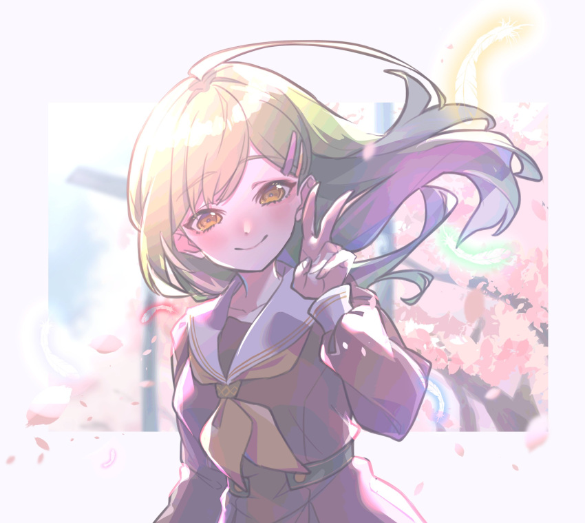 1girl, arm_at_side, border, brown_dress, brown_eyes, check_commentary, cherry_blossoms, commentary_request