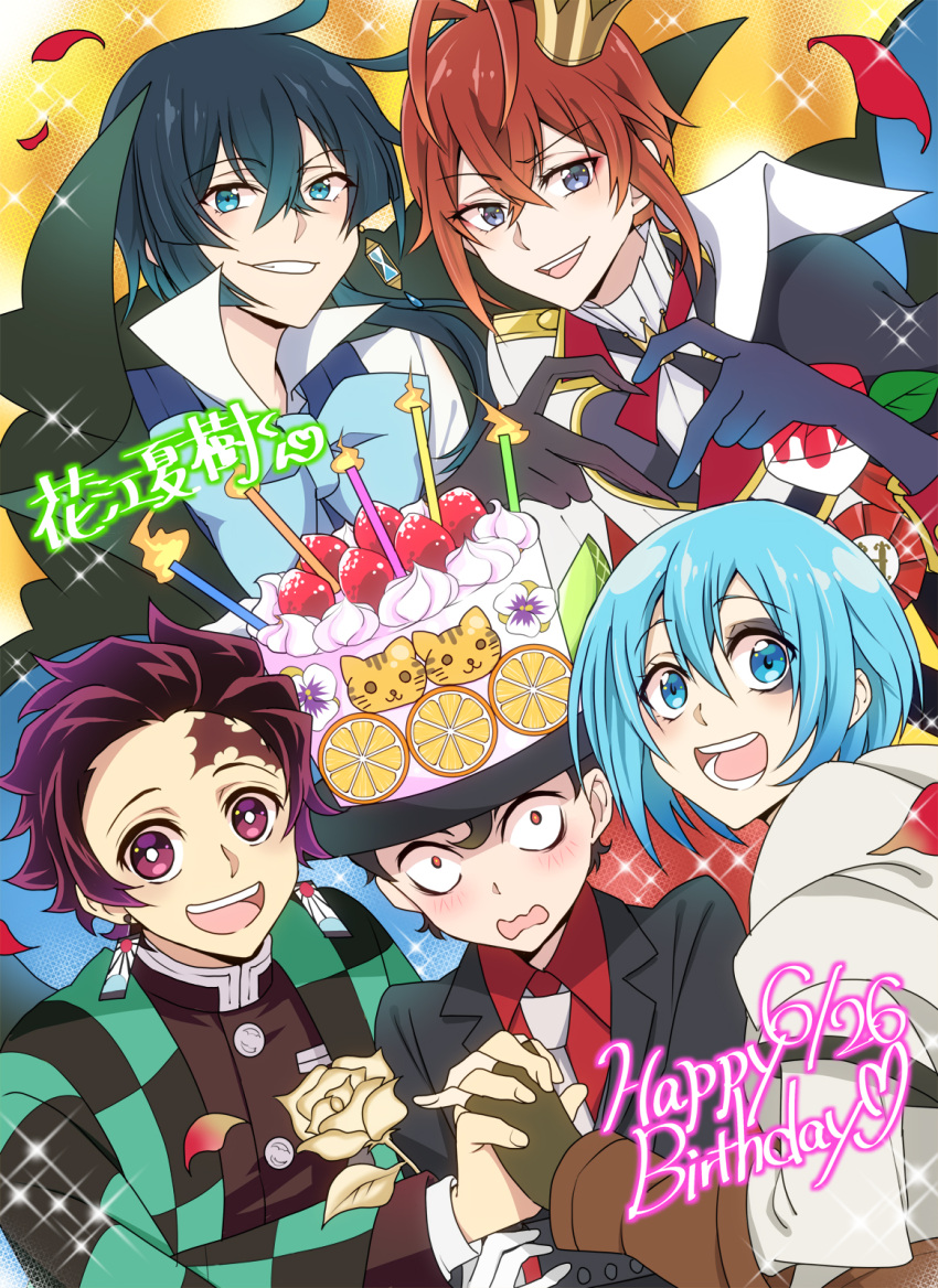 6+boys, aqua_hair, birthday_cake, black_gloves, blue_eyes, blue_hair, cake, collared_shirt