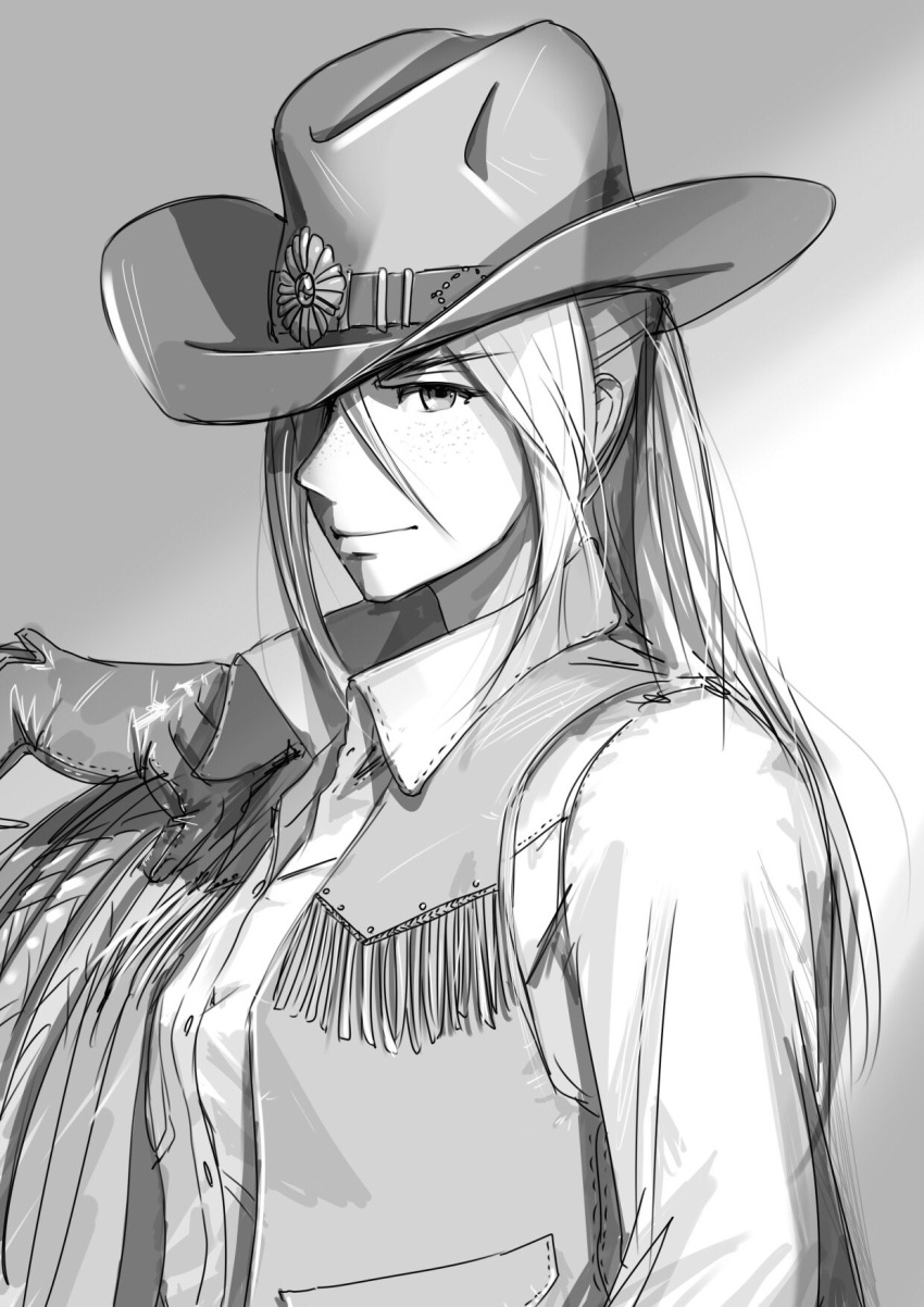 1girl, 959, collared_shirt, cowboy_hat, cowgirl_(western), freckles, gloves, greyscale, hair_behind_ear, hair_between_eyes, hand_on_own_shoulder, hat, highres, looking_at_viewer, monochrome, original, ponytail, shirt, smile, solo, upper_body, vest