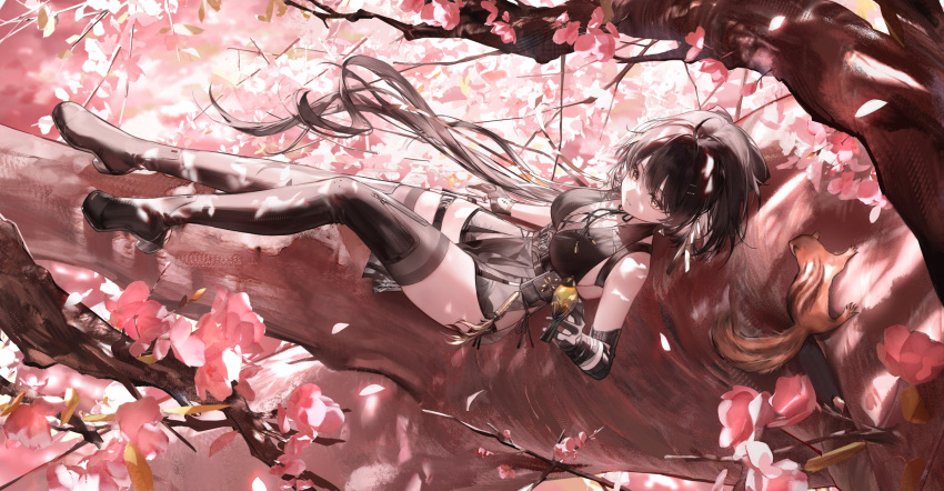 1girl, absurdres, bare_shoulders, bird, black_dress, black_hair, boots, breasts