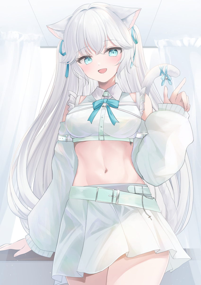 1girl, animal_ear_fluff, animal_ears, belt, blue_ribbon, blush, breasts, cat_ears