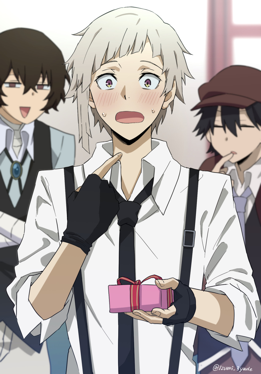 3boys, bandaged_arm, bandages, black_gloves, black_hair, black_necktie, blush, brown_eyes
