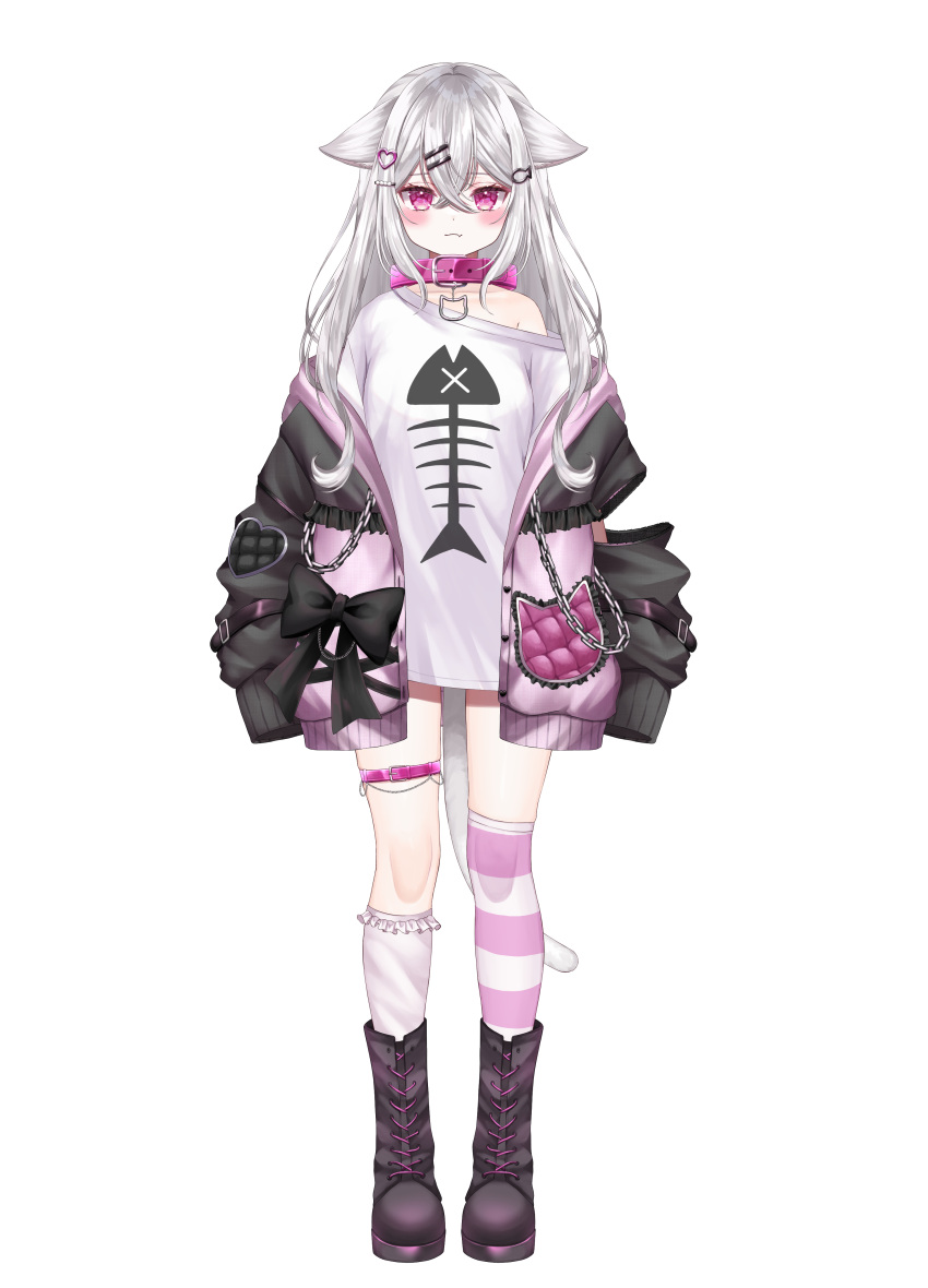 1girl, absurdres, animal_ears, asymmetrical_legwear, black_footwear, black_jacket, boots, cat_ears, cat_girl, cat_tail, collar, detached_sleeves, erunoto, fang, fang_out, fish_bone_print, full_body, highres, indie_virtual_youtuber, jacket, kneehighs, long_hair, long_sleeves, looking_at_viewer, mismatched_legwear, mitarai_komoru, multicolored_clothes, multicolored_jacket, off_shoulder, open_clothes, open_jacket, pink_collar, pink_eyes, pink_jacket, shirt, simple_background, single_bare_shoulder, single_detached_sleeve, single_kneehigh, single_sock, sleeves_past_fingers, sleeves_past_wrists, socks, standing, striped_clothes, striped_socks, tail, thigh_strap, two-tone_jacket, virtual_youtuber, white_background, white_hair, white_shirt, white_socks