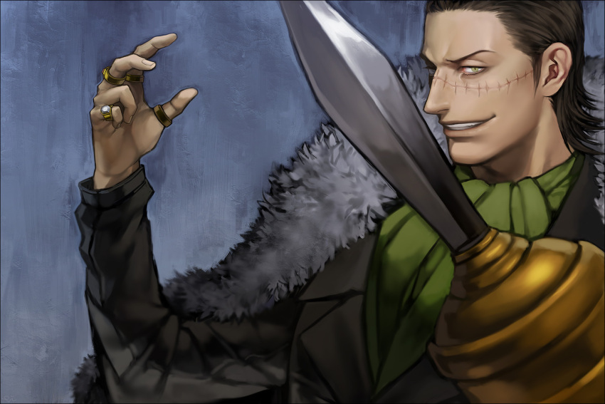 black_hair, grin, jewelry, knife, male, one_piece, ring, sir_crocodile, smile, solo, stitches, yellow_eyes, yohi