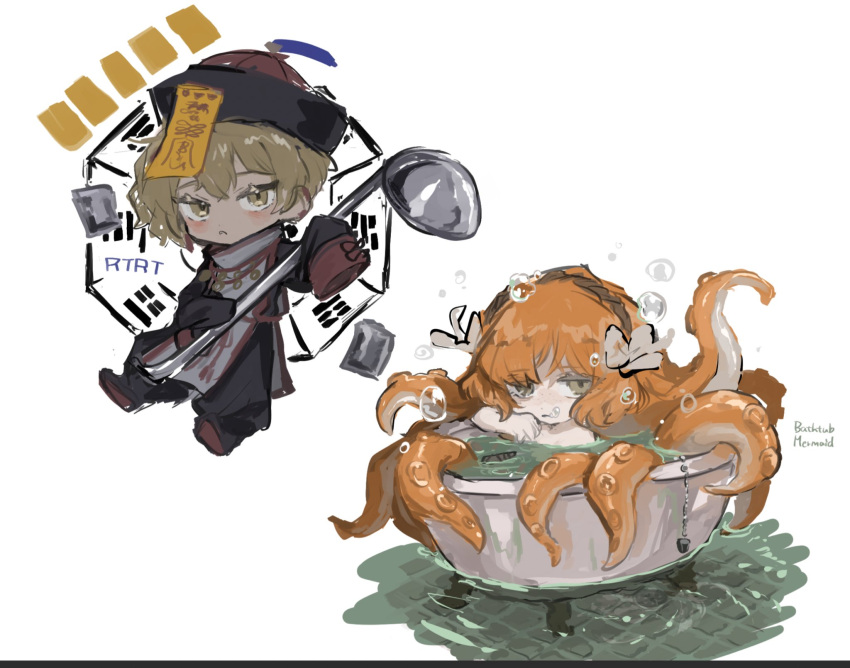 1boy, 1girl, alternate_costume, bathing, bathtub, blonde_hair, chibi, flower