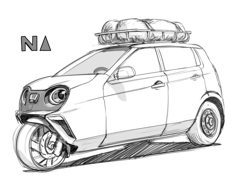959, autocycle, bag, car, greyscale, honda, honda_n-one, monochrome, motor_vehicle, no_humans, original, redesign, shadow, simple_background, vehicle_focus, white_background