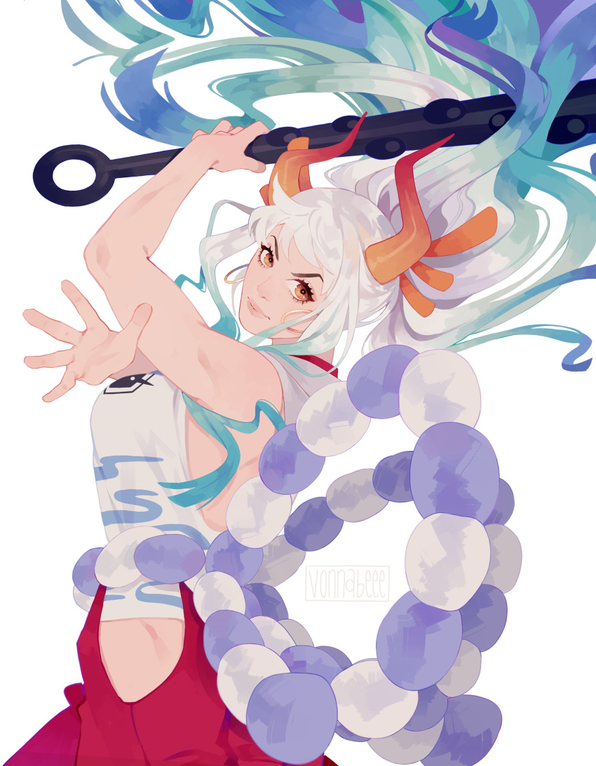 1girl, arm_up, blue_hair, club_(weapon), earrings, english_commentary, eyelashes, floating_hair, green_hair, hair_ornament, hakama, highres, holding, holding_weapon, horns, japanese_clothes, jewelry, kanabou, kimono, looking_at_viewer, multicolored_hair, one_piece, orange_eyes, ponytail, profile, purple_hair, red_hakama, rope, shimenawa, shirt, sidelocks, simple_background, sleeveless, sleeveless_kimono, solo, v-shaped_eyebrows, vonnabeee, weapon, white_hair, white_kimono, white_shirt, yamato_(one_piece)