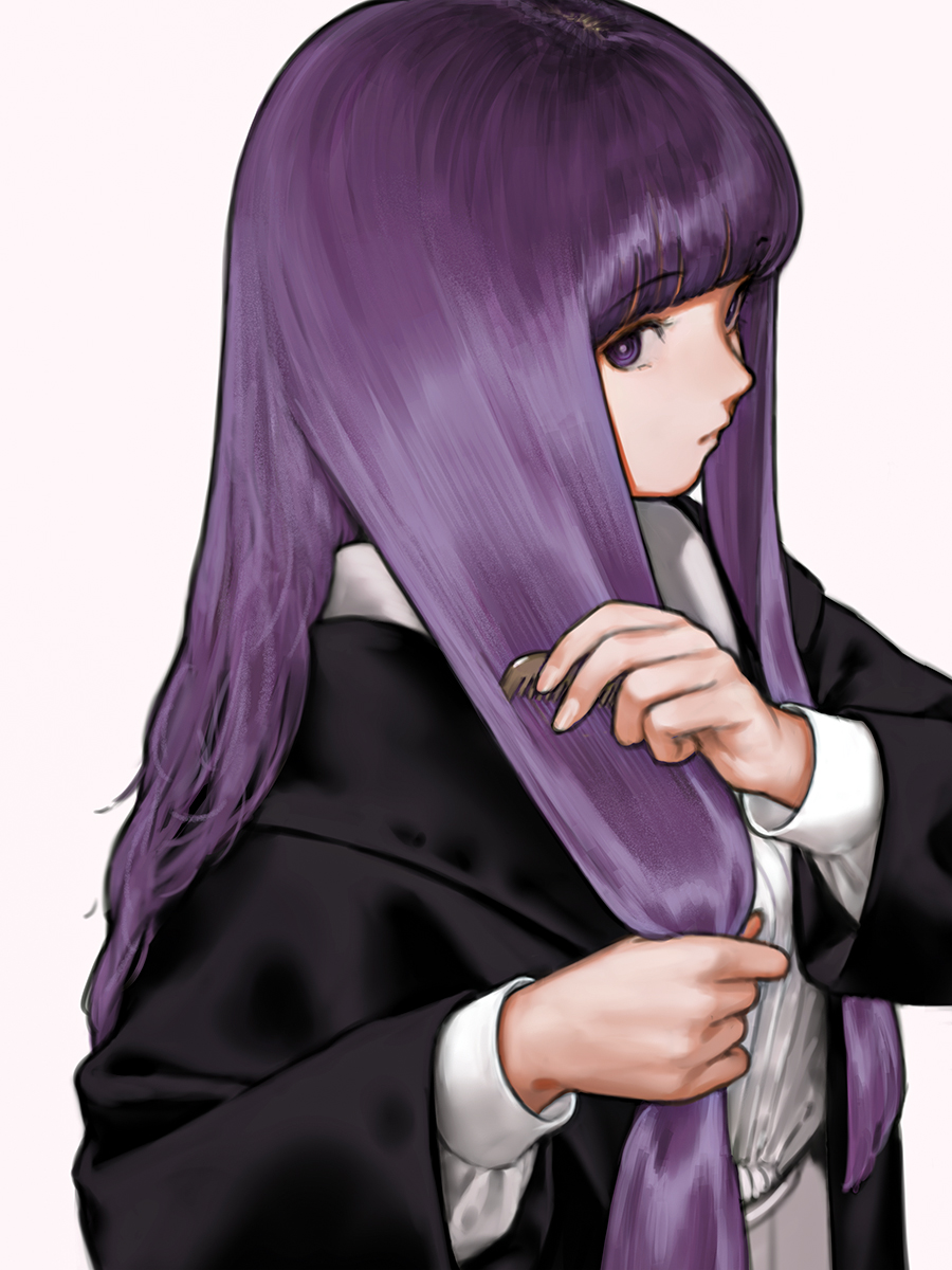 1girl, black_coat, blunt_bangs, brushing_hair, closed_mouth, coat, comb, commentary_request