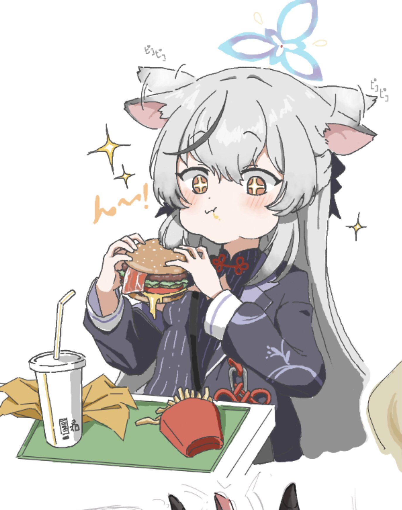 1girl, :t, animal_ears, black_dress, black_jacket, blue_archive, blush, burger
