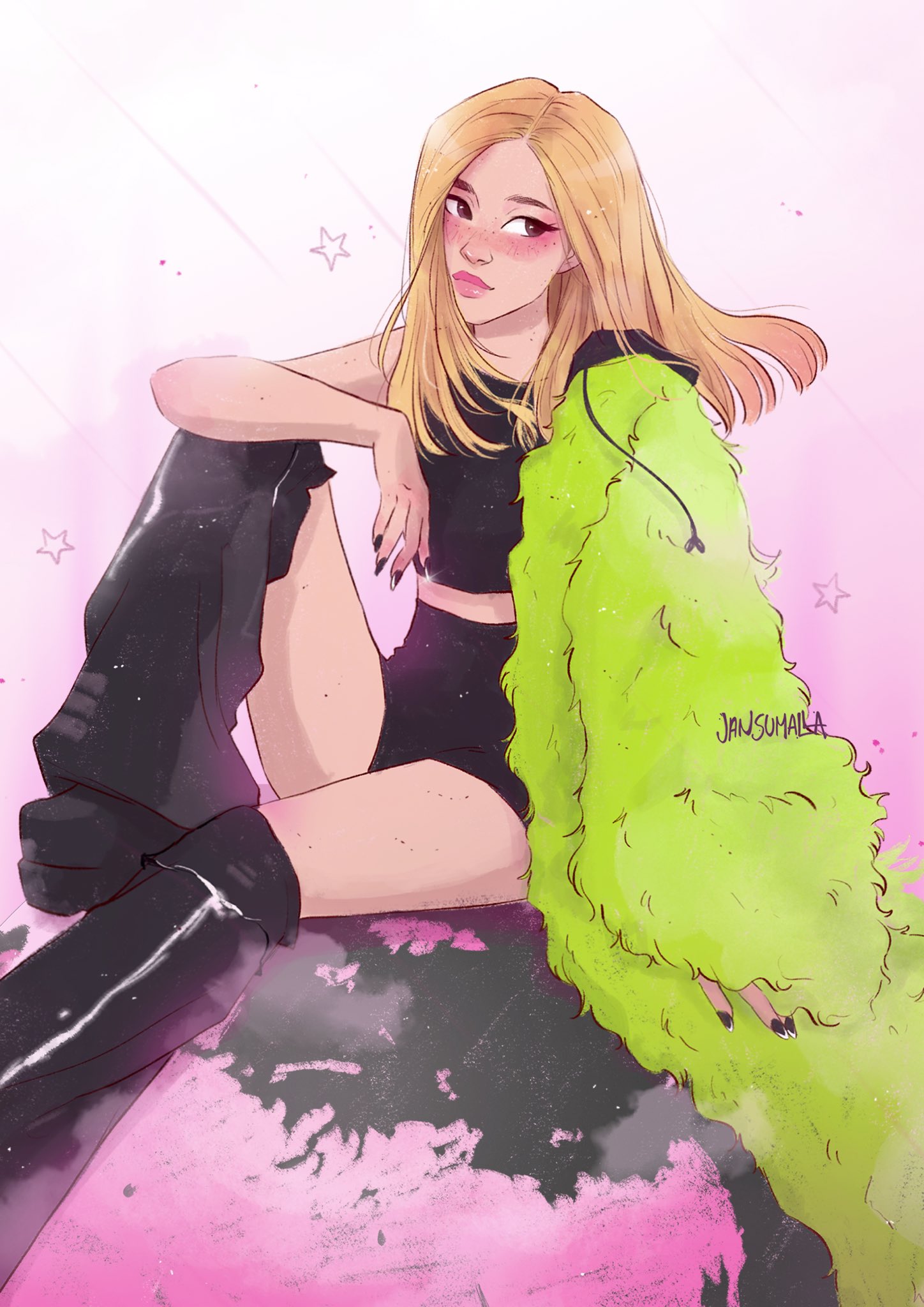 1girl, artist_name, black_footwear, black_leg_warmers, black_nails, black_shirt, black_shorts, blackpink, blonde_hair, blush, coat, english_commentary, fur_coat, gradient_background, green_coat, highres, jansumalla, looking_to_the_side, medium_hair, pink_lips, rose_(blackpink), shirt, shorts, sitting, solo, star_(symbol)