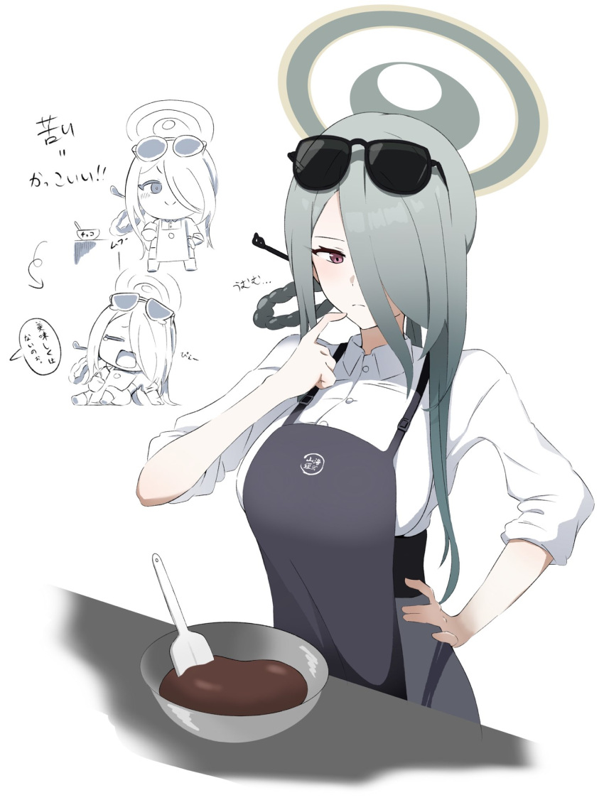 1girl, \||/, apron, black_apron, blue_archive, blush, bowl, braided_hair_rings