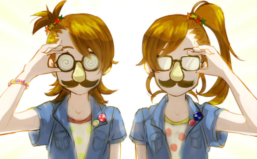 2girls, adjusting_eyewear, bead_bracelet, beads, bespectacled, bracelet, brown_hair, commentary_request, eyebrows_hidden_by_hair, fake_facial_hair, fake_mustache, futami_ami, futami_mami, glasses, groucho_glasses, hair_ornament, hand_up, idolmaster, idolmaster_(classic), jewelry, looking_at_viewer, mappy_(minogue), medium_hair, multiple_girls, one_side_up, short_hair, short_sleeves, siblings, side-by-side, side_ponytail, simple_background, sisters, star_(symbol), star_hair_ornament, swept_bangs, twins, upper_body, white_background